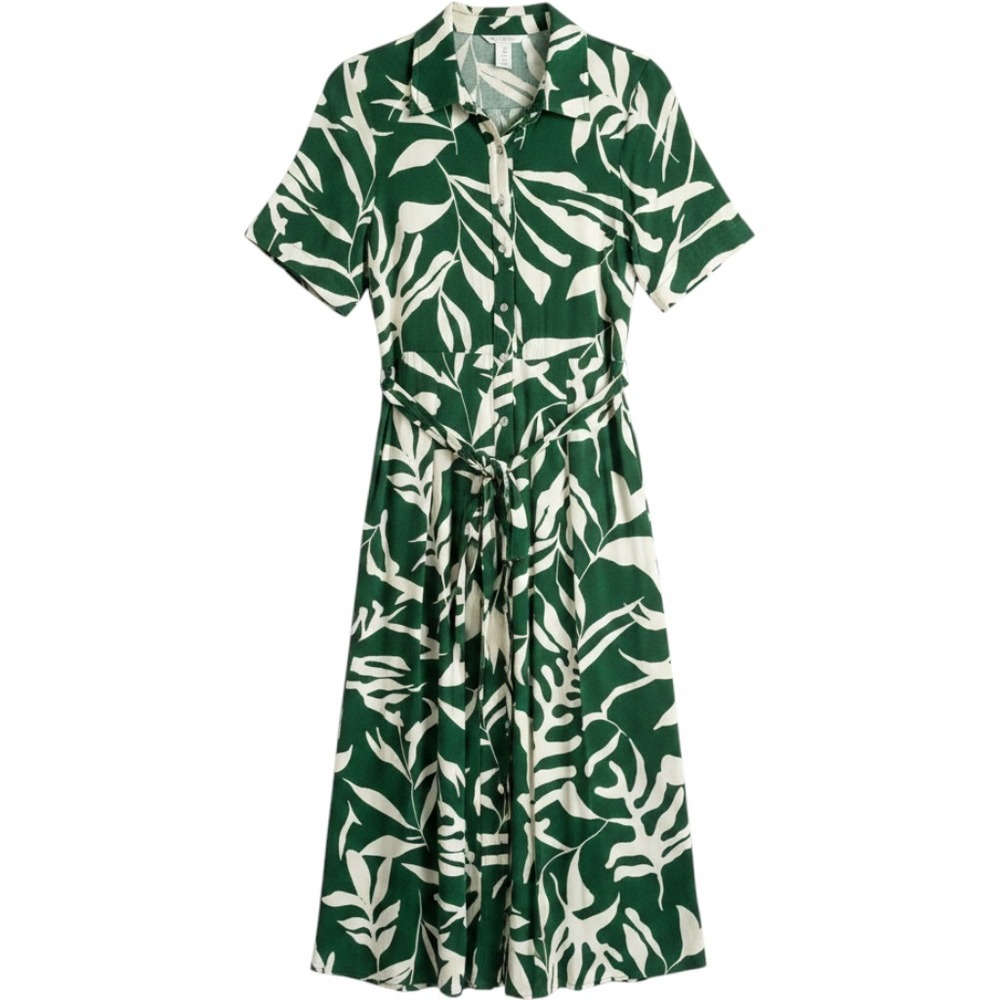 H&M Tropical Leaf Button Down Shirt Dress Women S Green White Midi Short Sleeve
